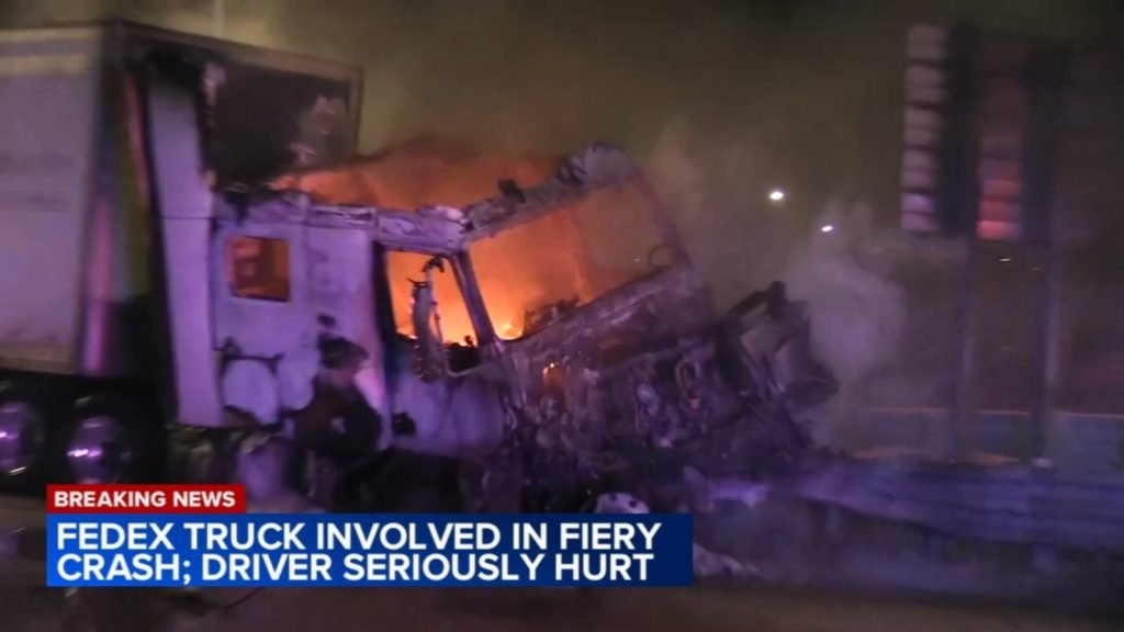 Fiery FedEx truck crash on I-294 near Lake Cook Road in Northbrook leaves driver injured - WLS-TV