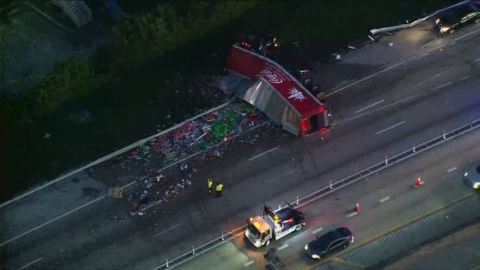 1 airlifted to hospital after Coca-Cola semi-truck rolls over on I-95 - WPLG Local 10