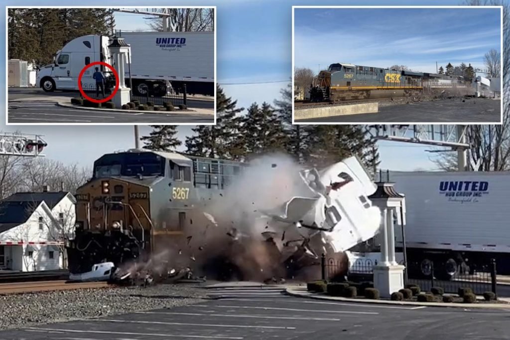 Oblivious driver stands feet away from tracks as speeding train plows through his truck - New York Post