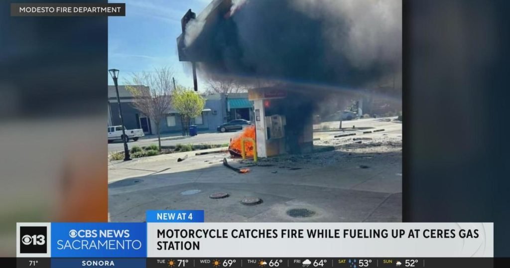 Motorcycle catches fire next to gas pump in Ceres - CBS Sacramento
