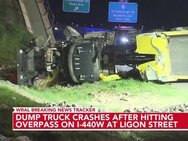 Dump truck crashes into overpass on I-440 in Raleigh - WRAL News