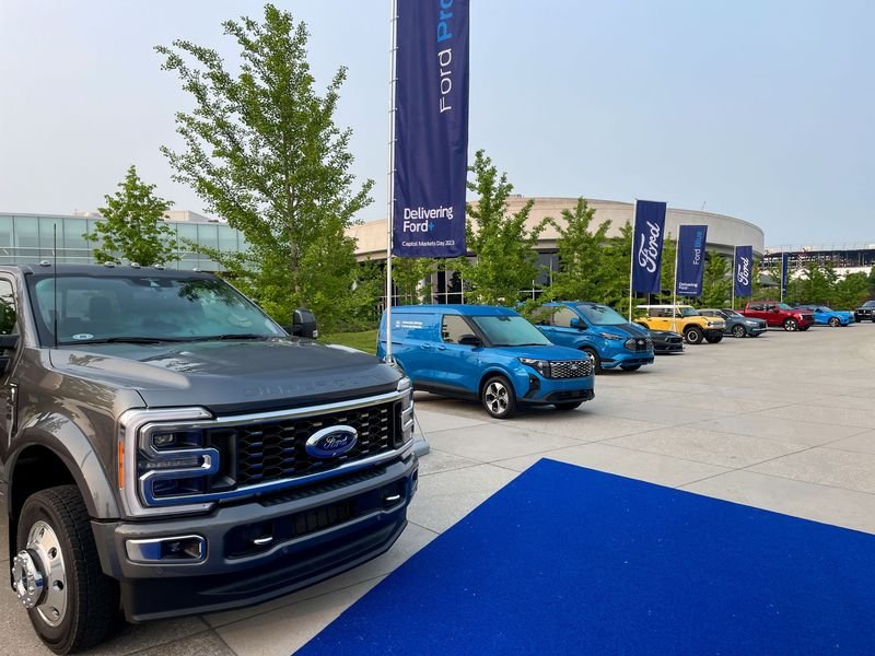FILE PHOTO: Ford vehicles are parked at a Ford event in Dearborn, Michigan, U.S., May 22, 2023. REUTERS/Joseph White/FILE PHOTO