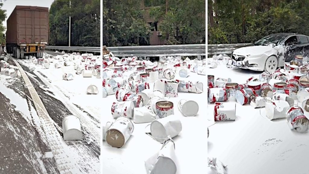 Truck overturns and spills hundreds of cans of white paint - Yahoo News UK