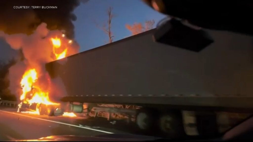 Truck bursts into flames after multi-vehicle crash in construction zone on Pennsylvania Turnpike near Mill Race Road in Macungie - WPVI-TV