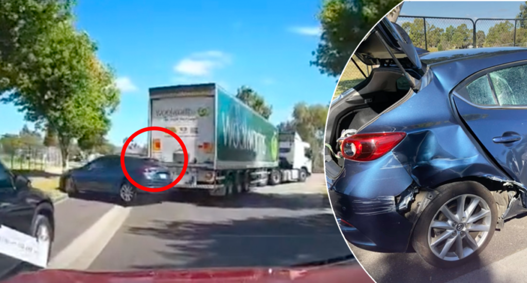 Woolworths truck hits and drags parked car in shocking dashcam footage - Yahoo News Australia