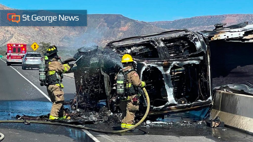 Hurricane Valley Fire District douses blaze after truck rolls near Leeds on I-15 - St. George News