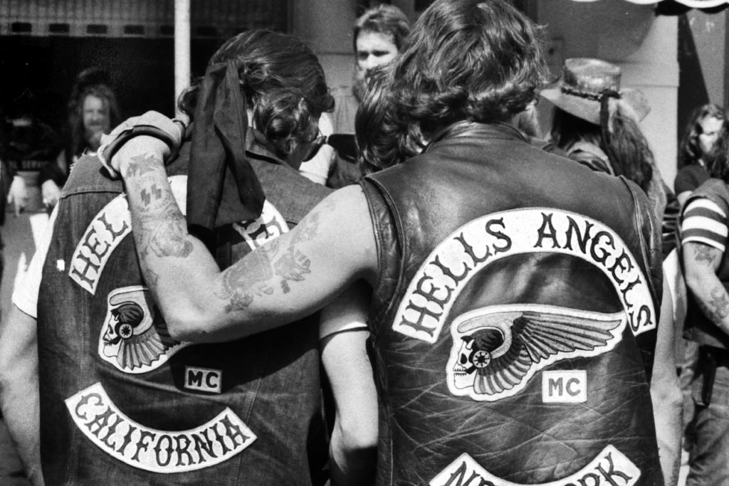 UNITED STATES - SEPTEMBER 15:  Hells Angels local member from New York consoles mourner from California for Vincent Girolamo outside of Provenzano Funeral Home  (Photo by Keith Torrie/NY Daily News Archive via Getty Images)