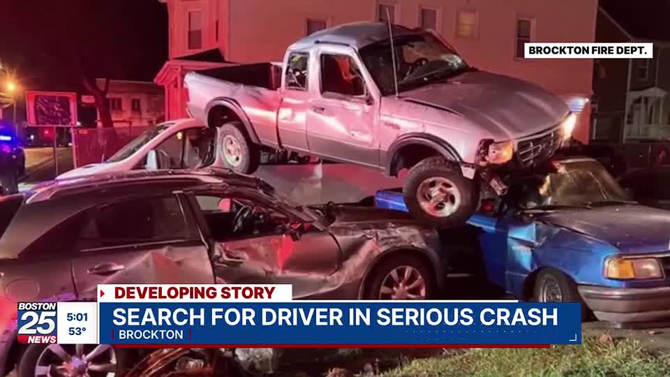 Truck goes airborne, lands on top of several vehicles after striking building in Brockton - Boston 25 News
