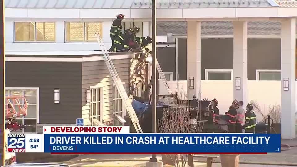Driver dead after truck crashes into Devens healthcare center, bursts into flames - Boston 25 News