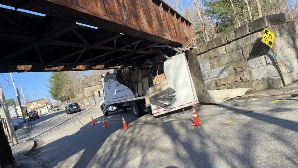 Another truck collides with Westbrook bridge, ripping off roof - WMTW Portland