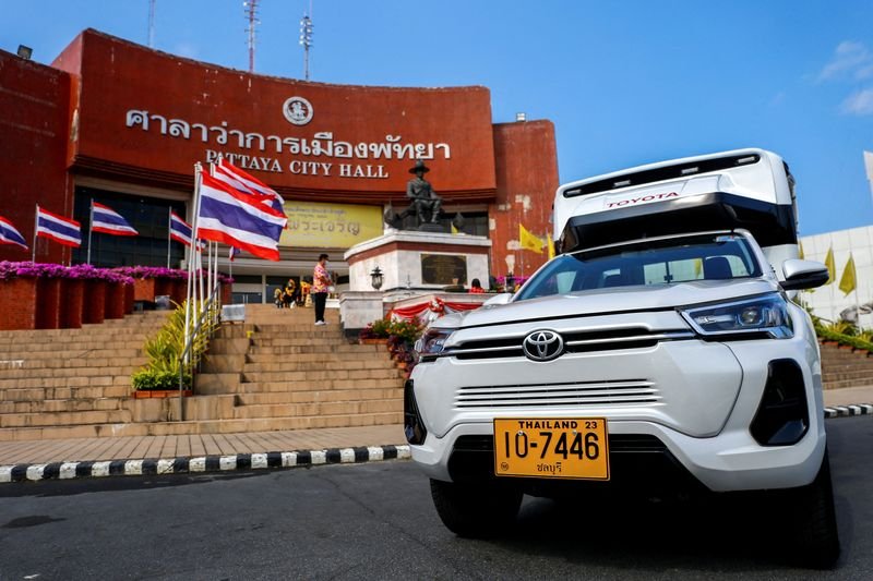FILE PHOTO: A fully-electric Toyota Hilux Revo pickup truck as a public transportation vehicle is seen in the Thai seaside town of Pattaya, Chonburi province, Thailand, April 25, 2024. REUTERS/Artorn Pookasook/File Photo