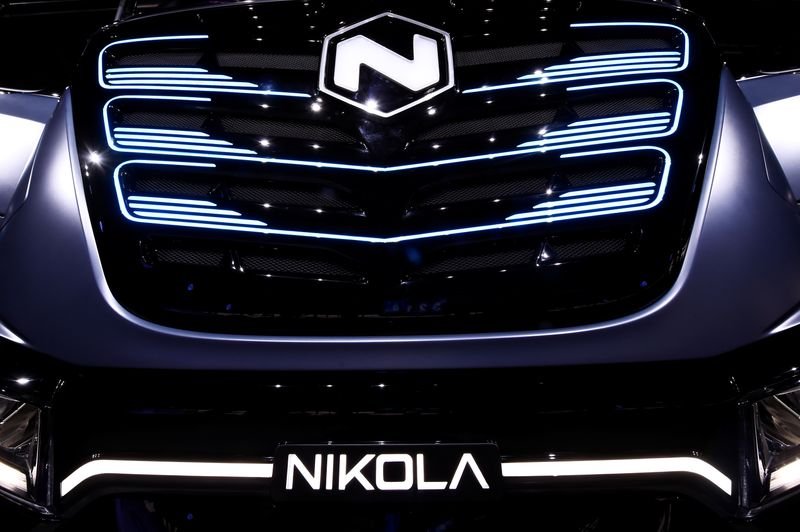 FILE PHOTO: U.S. Nikola's logo is pictured at an event held to present CNH's new full-electric and Hydrogen fuel-cell battery trucks in partnership with U.S. Nikola event in Turin, Italy, December 3, 2019. REUTERS/Massimo Pinca/File photo