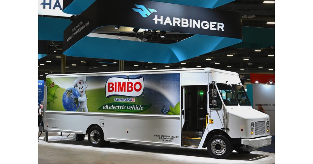 A Harbinger medium-duty electric walk-in van. Walk-in vans are also commonly referred to as “step vans.”