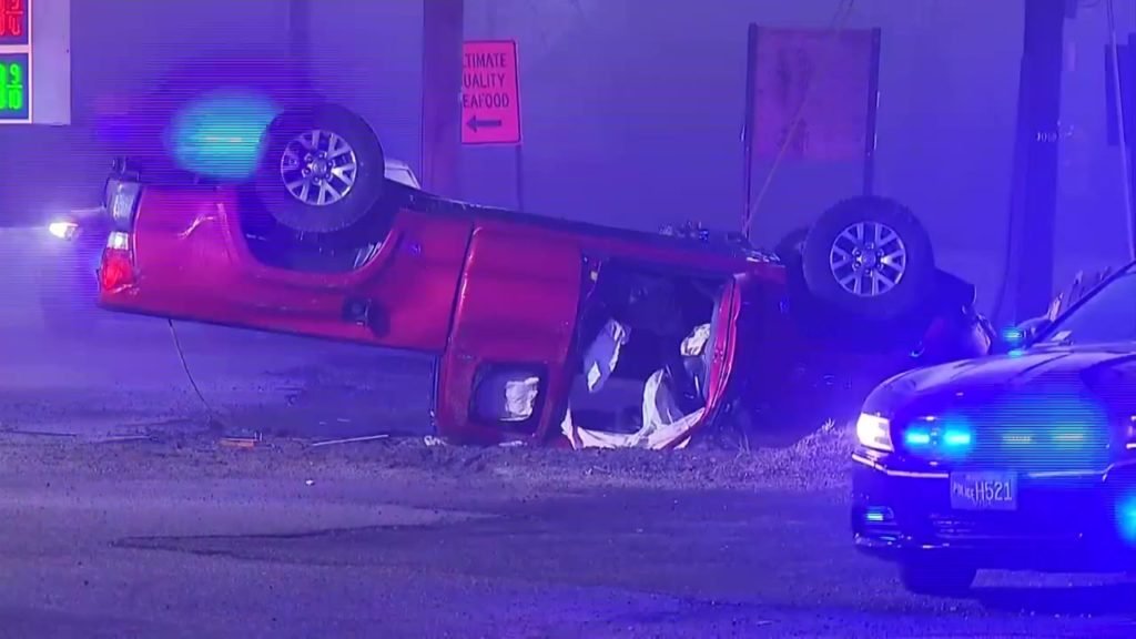 Truck crashes into pole, lands upside down - Boston News, Weather, Sports - Boston News, Weather, Sports | WHDH 7News
