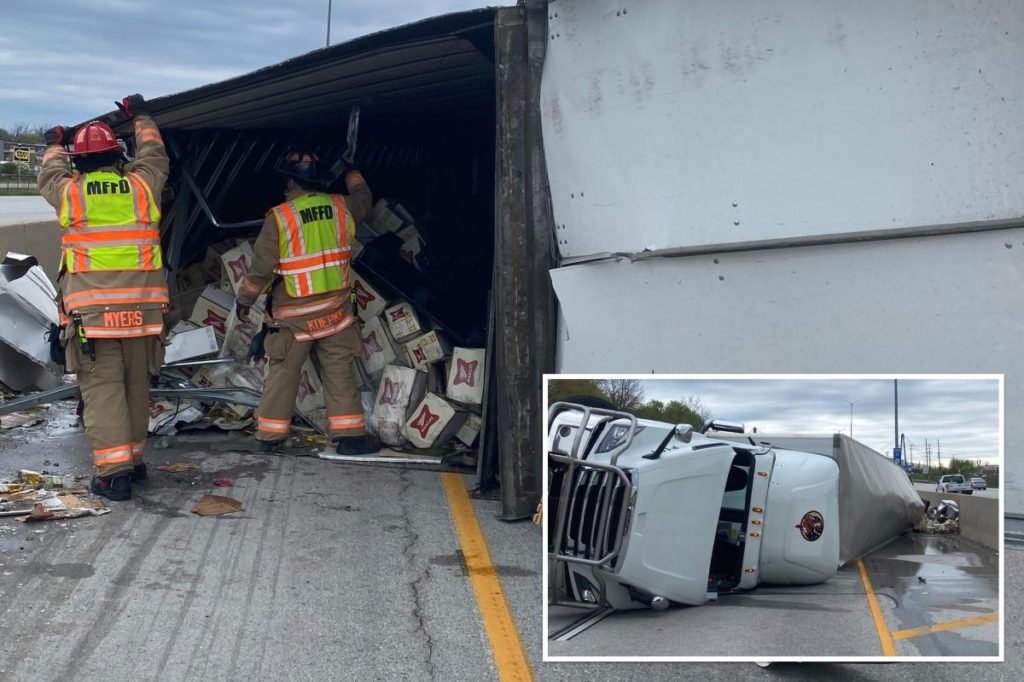 Traffic totaled after tipsy beer truck flips on suburban highway - New York Post