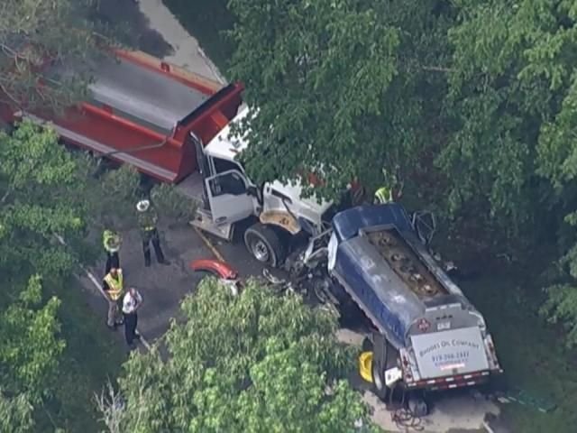 Dump truck, gasoline truck crash head-on in Wake County, crews cleaning up gas spill near Neuse River - WRAL News